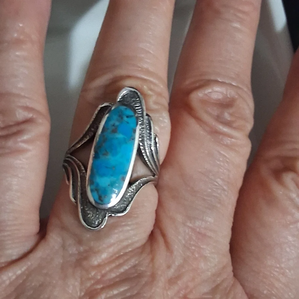 KINGMAN TURQUOISE RING 925 STERLING SILVER SIZE 7.5 - Picture 2 of 6